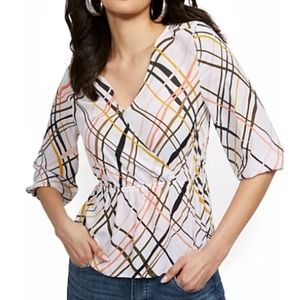 New York & Co Cinch Waist Wrap Crosshatch Top
